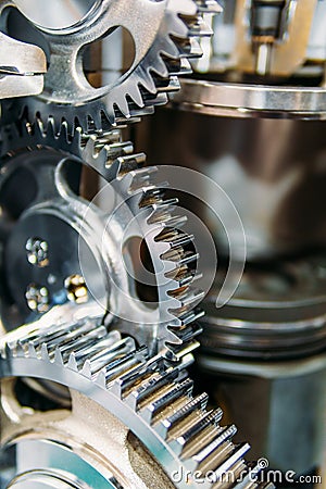 Cogs, Gears and Wheels Inside Truck Engine Stock Photo