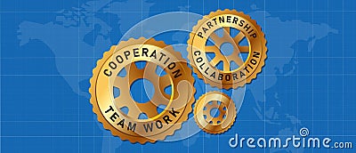 cogs wheel gear with map global partnership international team work collaboration cooperation Stock Photo