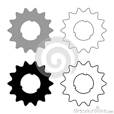 Cogset sprocket bicycle star gear service sprocket cogs wheel with teeth engages with chain set icon grey black color vector Vector Illustration