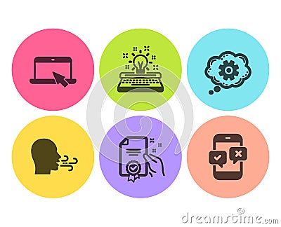 Cogwheel, Certificate and Breathing exercise icons set. Portable computer, Typewriter and Phone survey signs. Vector Vector Illustration