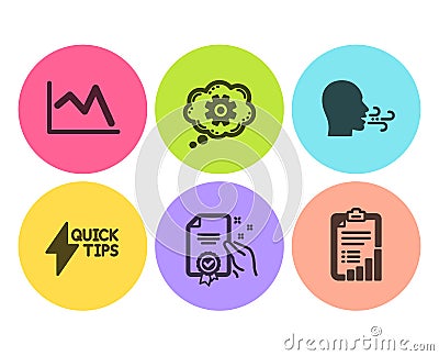 Cogwheel, Certificate and Breathing exercise icons set. Line chart, Quickstart guide and Checklist signs. Vector Vector Illustration