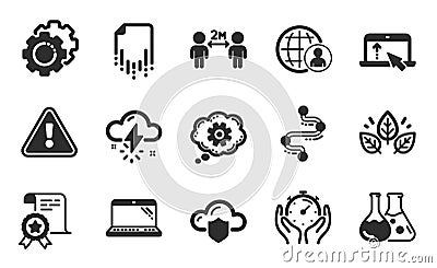 Cogwheel, Cloud protection and Timer icons set. Thunderstorm weather, Swipe up and Certificate signs. Vector Vector Illustration