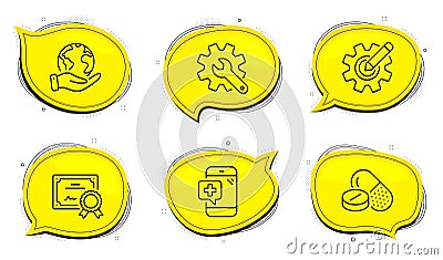 Medical drugs, Medical phone and Customisation icons set. Cogwheel sign. Vector Vector Illustration
