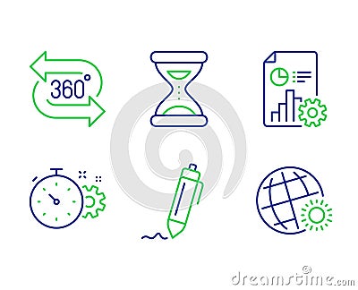 Cogwheel timer, Report and Time icons set. 360 degree, Signature and World weather signs. Vector Vector Illustration