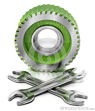 Cogwheel and wrenches isolated on white background. 3D illustration Cartoon Illustration