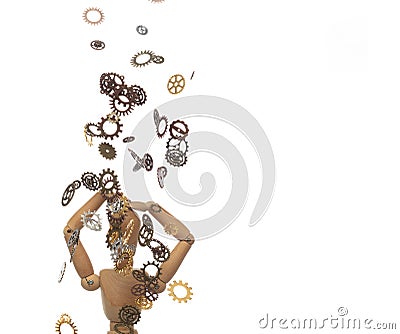 Cogwheels flat gear shape falling to head mannequin. Putting knowledge learning to small brain. Artificial Intelligent AI gear Stock Photo