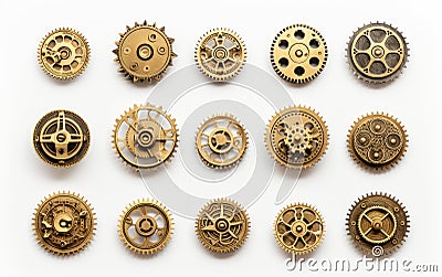 Cogwheels and gears are isolated on white background. Yellow Machine gear Stock Photo