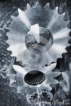 Cogwheels and gears, titanium and steel Stock Photo