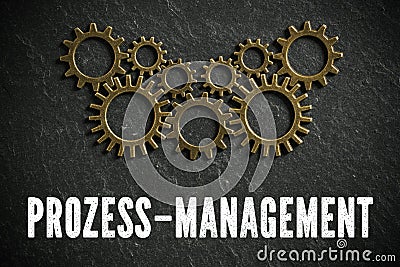 Cogwheels symbolizing complex machinery and the word `process management` in German Stock Photo