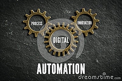 Cogwheels symbolizing a connection of topics and the message `automation ` Stock Photo