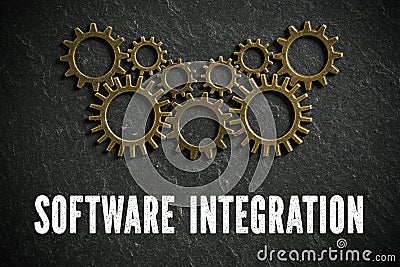 Cogwheels and the words `software integration` symbolizing a complex system working together Stock Photo