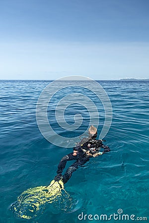 Young woman scuba-diving in Canales de Afuera island area Editorial Stock Photo