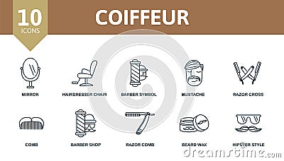 Coiffeur icon set. Collection contain mirror, soap, beard wax, barber shop and over icons. Coiffeur elements set Stock Photo