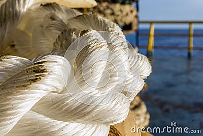 Coil of a hawser rope on board a construction work barge Stock Photo
