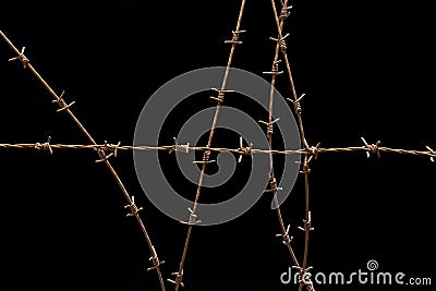 Coiled barbed wire fencing isolated on black background Stock Photo