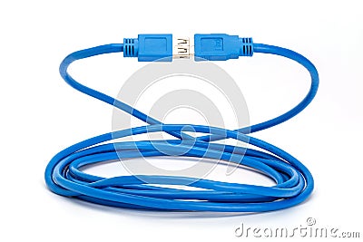 Coiled blue USB 3 extension cable. Stock Photo