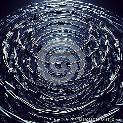 Coils of razor wire as used in detainment camps and prisons and borders. Generated AI Stock Photo