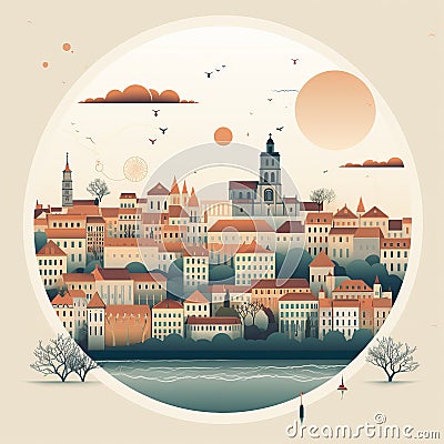 Coimbra's Essence: Minimalist University & Mondego Vista Cartoon Illustration