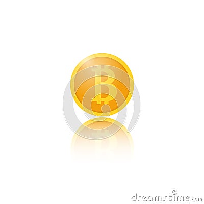 Coin bitcoin with reflection on white background. Vector Illustration