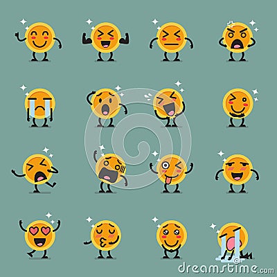 Coin character emoji set Vector Illustration