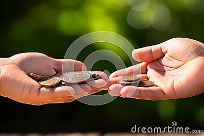 Coin collaboration hands in hand gesture, giving coins, finance concept Stock Photo