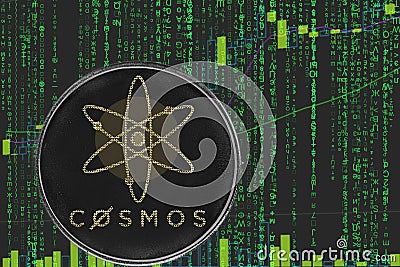 Coin cosmos atom cryptocurrency on the background of binary crypto matrix text and price chart. Stock Photo