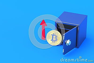Coin of cryptocurrency bitcoin near red arrow pointing up and strongbox on blue background Stock Photo