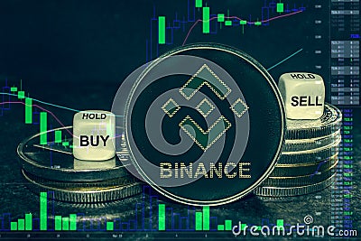 Coin cryptocurrency bnd stack of coins and dice. Exchange chart to buy, sell, hold. Editorial Stock Photo