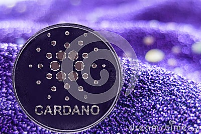 Coin cryptocurrency Cardano on modern neon background. ADA Editorial Stock Photo