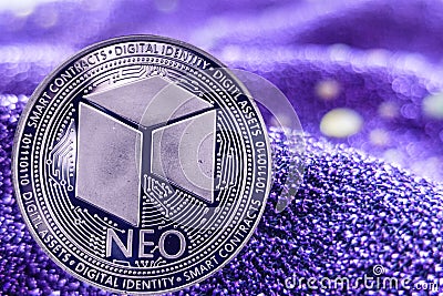 Coin cryptocurrency Neo on modern neon background. Editorial Stock Photo