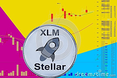 Coin cryptocurrency XLM on chart and yellow blue neon background. Editorial Stock Photo