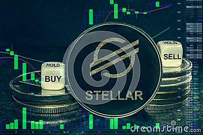 Coin cryptocurrency xlm stellar stack of coins and dice. Exchange chart to buy, sell, hold. Editorial Stock Photo