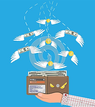 Coin and dollar bill flying in hand with wallet Vector Illustration