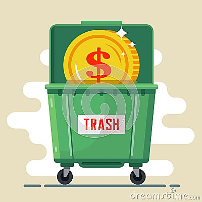Coin dollar in the trash container Cartoon Illustration