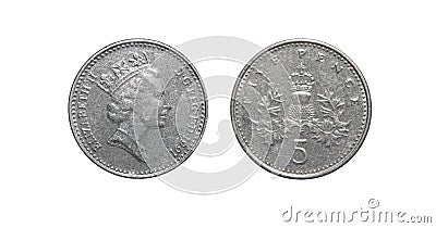 Coin of Great Britain 5 pence Editorial Stock Photo