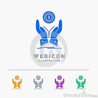 coin, hand, stack, dollar, income 5 Color Glyph Web Icon Template isolated on white. Vector illustration Vector Illustration