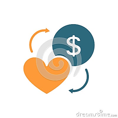 Coin and heart colored icon. Exchange happiness and love on money symbol Vector Illustration