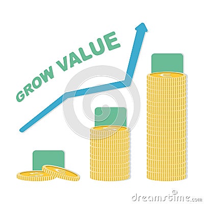 Coin icon in flat design. Gold coin symbol. Concept of income with arrow up. Grow value euro and dollar symbol. Vector Illustration