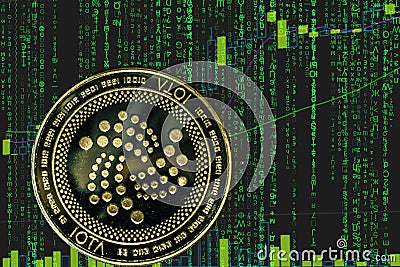 Coin iota miota cryptocurrency on the background of binary crypto matrix text and price chart. Stock Photo