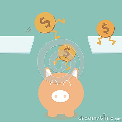Coin is jumping into piggy bank Vector Illustration