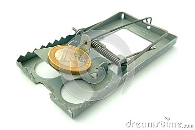 Coin on mousetrap Stock Photo