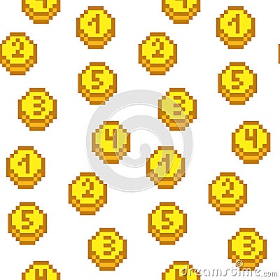 A coin pattern with numbers in yellow pixels. The number icon. Vector illustration. Pixel graphics. Circles with numbers Vector Illustration