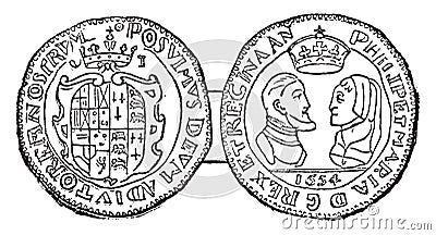Coin of Phillip and Mary, vintage illustration Vector Illustration