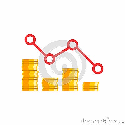 Coin price down graph, Many coins, Flat icon Vector Illustration