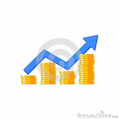 Coin price up graph, Many coins, Flat icon Vector Illustration