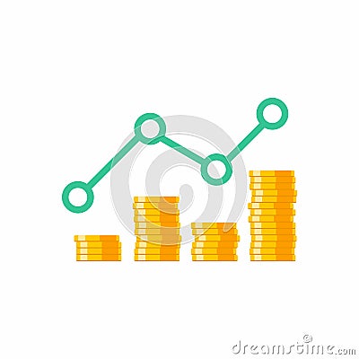 Coin price up graph, Many coins, Flat icon Vector Illustration