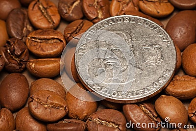 Coin of republic Ecuador on coffee beans Stock Photo