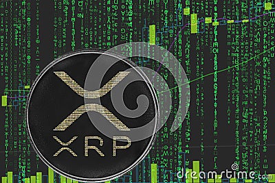 Coin ripple xrp cryptocurrency on the background of binary crypto matrix text and price chart. Editorial Stock Photo