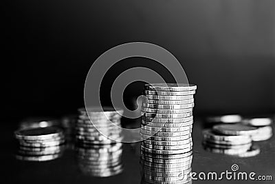 Coin Stack Black and white Problem Finance Concept for Cash Business Inflation Money, Operating Investment loss, Expensive taxes Stock Photo