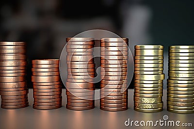 Coin-stacked percentage model representing banking, interest rates, inflation, deflation, savings Stock Photo